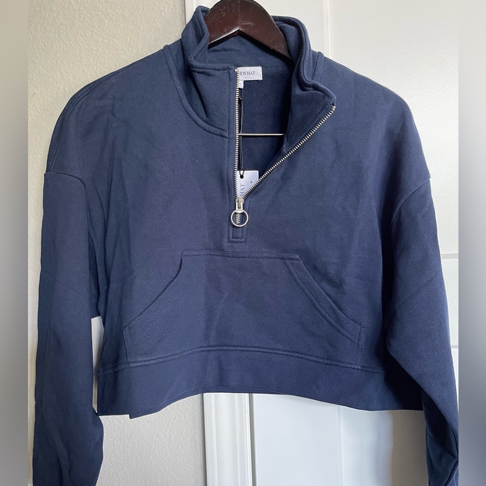 NEW Revolve WeWoreWhat Cropped Half Zip Sweatshirt Pullover Navy Blue S - Picture 2 of 5